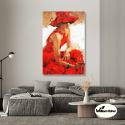 woman wall art, red big hat canvas art, elegant wall decor, roll up canvas, stretched canvas art, framed wall art painti