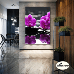 Zen Stones Wall Art, Pink Orchid Canvas Art, Spa Wall Decor, Roll Up Canvas, Stretched Canvas Art, Framed Wall Art Paint