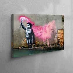 Canvas Print, Canvas, Wall Decor, Banksy Migrant Child, Banksy Pink Canvas Decor, Painting Canvas Art, Street Wall Decor