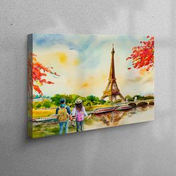 Canvas Wall Art, 3D Wall Art, Living Room Wall Art, Lovers Watching The Eiffel, Paris Landscape Canvas Decor, Romantic C