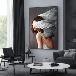 Wing Woman Canvas Print, Woman With Feather Head Wall Decor, Woman With Flower Canvas Art, Wall Art Canvas Design, Frame