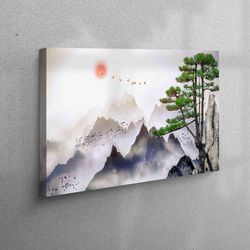 landscape wall decor, mountain view art, japanese landscape canvas art, mountain view canvas decor, farmhouse wall art,