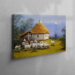 large canvas, 3d wall art, canvas decor, village landscape, oil painting print, village 3d canvas, animal landscape art