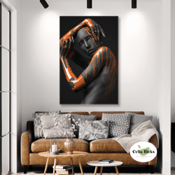 Woman Wall Art, Orange Wall Decor, Modern Canvas Art, Roll Up Canvas, Stretched Canvas Art, Framed Wall Art Painting