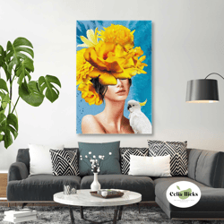 Woman Wall Art, Parrot Canvas Art, Bunch Of Yellow Flowers Wall Art, Roll Up Canvas, Stretched Canvas Art, Framed Wall A