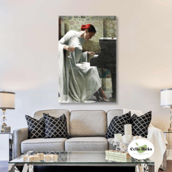 Woman Wall Art, Piano Canvas Art, Elegant Wall Decor, Roll Up Canvas, Stretched Canvas Art, Framed Wall Art Painting