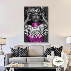 Woman Wall Art, Pink Dress Canvas Art, Ethnic Accessory Wall Decor, Roll Up Canvas, Stretched Canvas Art, Framed Wall Ar