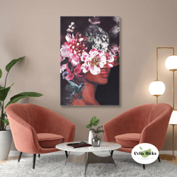 Woman Wall Art, Pink Flower Bouquet Canvas Art, Modern Wall Decor, Roll Up Canvas, Stretched Canvas Art, Framed Wall Art
