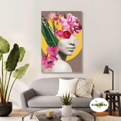 Woman Wall Art, Pink Flower Canvas Art, Modern Room Wall Decor, Roll Up Canvas, Stretched Canvas Art, Framed Wall Art Pa
