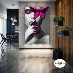Woman Wall Art, Pink Make Up Canvas Art, Butterfly Wall Decor, Roll Up Canvas, Stretched Canvas Art, Framed Wall Art Pai