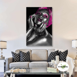 Woman Wall Art, Pink Scarf Canvas Art, Silver Makeup Wall Decor, Roll Up Canvas, Stretched Canvas Art, Framed Wall Art P