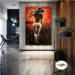 Woman Wall Art, Playing Guitar Canvas Art, Nude Wall Decor, Roll Up Canvas, Stretched Canvas Art, Framed Wall Art Painti
