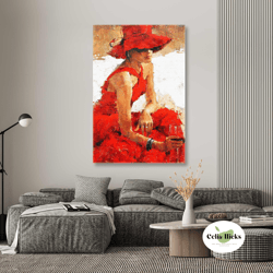 Woman Wall Art, Red Big Hat Canvas Art, Elegant Wall Decor, Roll Up Canvas, Stretched Canvas Art, Framed Wall Art Painti