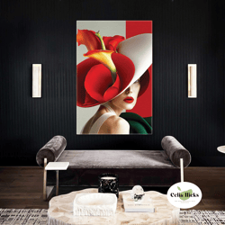 Woman Wall Art, Red Flower Canvas Art, Elegant Wall Decor, Roll Up Canvas, Stretched Canvas Art, Framed Wall Art Paintin
