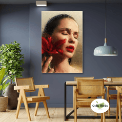 Woman Wall Art, Red Flower Canvas Art, Modern Wall Art Decor, Roll Up Canvas, Stretched Canvas Art, Framed Wall Art Pain