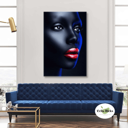 Woman Wall Art, Red Lipstick Canvas Art, Blue Lights, Modern Wall Decor, Roll Up Canvas, Stretched Canvas Art, Framed Wa