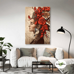 Woman Wall Art, Red Roses Canvas Art, Fox Wall Art, Abstract Wall Decor, Roll Up Canvas, Stretched Canvas Art, Framed Wa