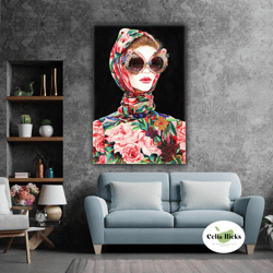 Women Hijab Red Lipstick With Floral Glasses Covered Roll Up Canvas, Stretched Canvas Art, Framed Wall Art Painting