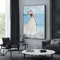 Pretty Lady On The Beach Canvas Painting, Minimalist Print, Wall Art Canvas Design, Framed Canvas Ready To Hang