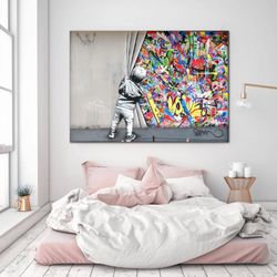 Banksy Pop Art Graffiti Canvas Print, Behind The Curtain Canvas, Banksy Poster, Banksy Art Graffiti Poster, Banksy Canva