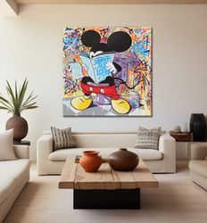 Mickey Mouse Sitting On The Toilet Graffiti Pop Art Canvas Wall Art, Mickey Mouse News Poster Print, Square Wall Art, Mi