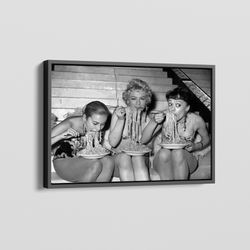 women eating spaghetti canvas art, women eating pasta black and white vintage print, photography prints, wall decor, wal
