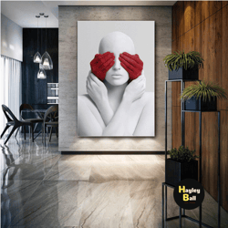 Marble Woman Wall Art, Red Gloves Canvas Art, Modern Room Wall Decor, Roll Up Canvas, Stretched Canvas Art, Framed Wall