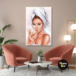 Model Drinking Coffee While Grooming With A Towel On Her Head Roll Up Canvas, Stretched Canvas Art, Framed Wall Art Pain