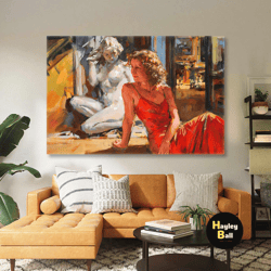 Model In Red Dress Lying Near The Statue Roll Up Canvas, Stretched Canvas Art, Framed Wall Art Painting-1