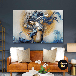 Model Mermaid With Flying Blue Hair Roll Up Canvas, Stretched Canvas Art, Framed Wall Art Painting