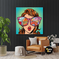 Model Pop Art With Hamburger Donut Reflected In Her Pink Glasses Roll Up Canvas, Stretched Canvas Art, Framed Wall Art P