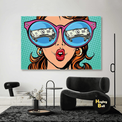 Model With Dollar Reflected In Her Pink Glasses Pop Art Roll Up Canvas, Stretched Canvas Art, Framed Wall Art Painting-1