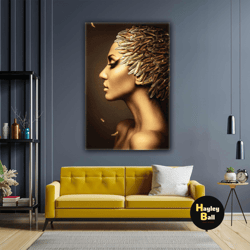 Nature Woman Model Makeup Hairdresser With Golden Feather Hair Roll Up Canvas, Stretched Canvas Art, Framed Wall Art Pai