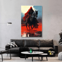 Ninja With A Red Cloak Riding On A Horse Roll Up Canvas, Stretched Canvas Art, Framed Wall Art Painting