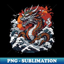 dragon against the backdrop of a setting sun bathed in ocean waves - digital sublimation download file