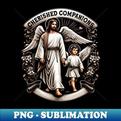 Cherished Companions, Jesus walking hand in hand with a single cherub angel - Instant PNG Sublimation Download