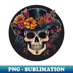 floral sugar skull wearing hat  calavera de azcar - sublimation-ready png file - capture imagination with every detail
