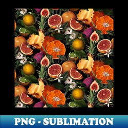 tropical pineapple and oranges botanical illustration floral tropical fruits black fruit pattern - special edition sublimation png file - fashionable and fearless