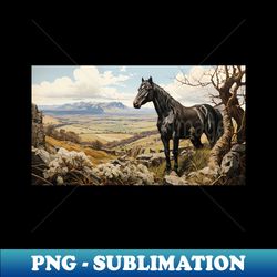 Majestic Black Stallion in Pastoral Landscape - Fine Art Equine Print - Retro PNG Sublimation Digital Download - Instantly Transform Your Sublimation Projects