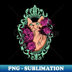 Orange Sphynx Cat in a Green Baroque Frame - Gothic Hairless Kitty with Roses - Premium PNG Sublimation File
