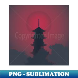 japanese pagoda red sun landscape illustration - digital sublimation download file