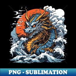 dragon against the backdrop of a setting sun bathed in ocean waves - trendy sublimation digital download
