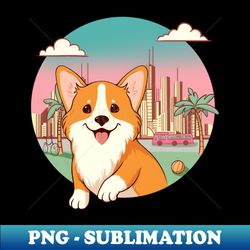 cute corgi against the backdrop of a sunset city - png transparent digital download file for sublimation