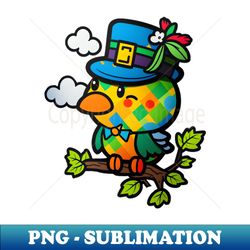 st. patricks adorable green bird in blue hat cartoon art - artistic sublimation digital file