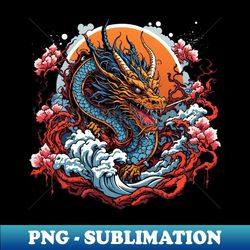 dragon against the backdrop of a setting sun bathed in ocean waves - exclusive sublimation digital file