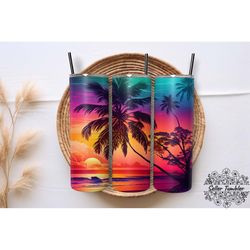 Sunset On Beach With Palm png, Tumbler 20 oz Wrap PNG, Skinny Tumbler Designs PNG