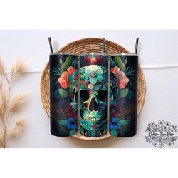 Zodiac Floral Human Skull, Tumbler 20 oz Wrap PNG, Skinny Tumbler Designs PNG