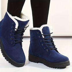 Women's Plush Lined Ankle Boots, Solid Color Lace Up Round Toe Snow Boots, Thermal Outdoor Short Boots