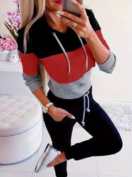 Women's Color Block Hoodie - Long Sleeve Drawstring Thermal Hoodies Sweatshirt - Women's Clothing