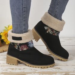Women's Flower Pattern Ankle Boots - Winter Plush Lined Chunky Heeled Snow Boots - Keep Warm Short Boots